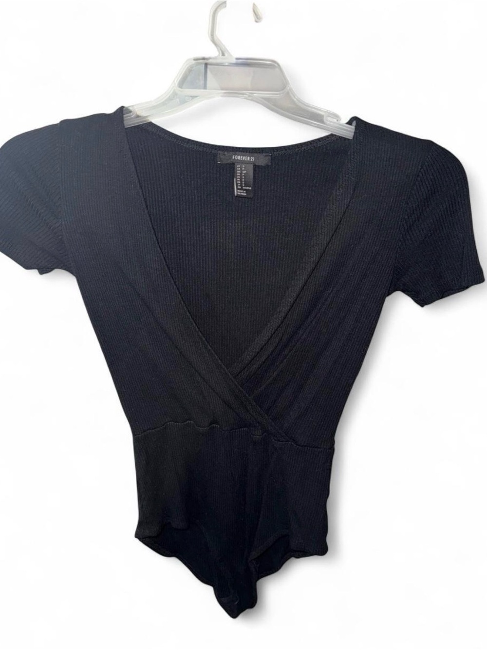 Forever 21 Black Ribbed Wrap V-Neck Short Sleeve Bodysuit
